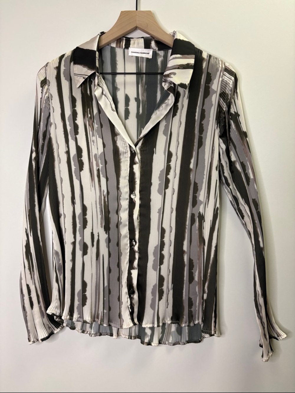 Sandro Ferrone pleated crinkle abstract-print blouse Italy Designer 44 US MED